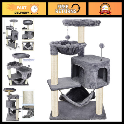 Cat Tree with Condo & Large Hammock - Cozy Grey Cat Furniture for Play & Rest