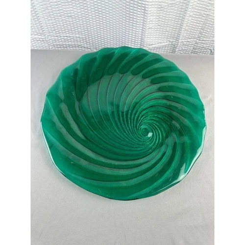 Art Glass Freeform Dish Emerald Green 14.5" Vintage Textured Swirl Blenko Style