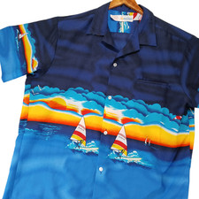 VTG Andrade Honolulu Hawaiian Shirt XL Blue Sunset Sailboat Made in Hawaii Aloha