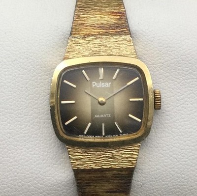 Vtg Pulsar Womens Watch 20mm Black Dial Gold Tone Y432-5060 New Battery 6.25''