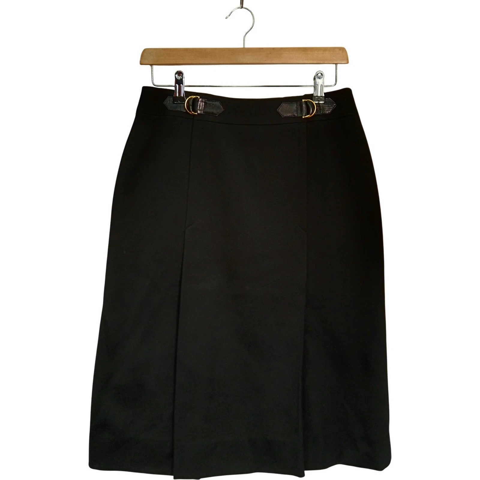 Vintage Celine Black Pleated Skirt Buckle Detail Authentic UK 14 Womens Preloved
