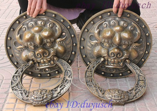 18" Huge Chinese FengShui Bronze Fu Foo Dog Lion Head Statue Door knocker Pair - Picture 11 of 11