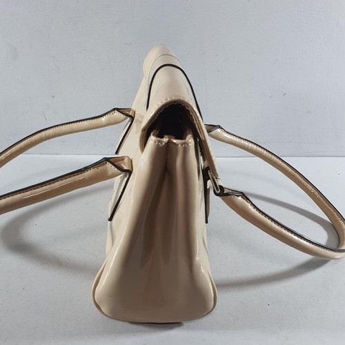 M&S Nude Patent Leather Satchel Style Bag Shoulder Grab Kelly Two Tone - Picture 10 of 24