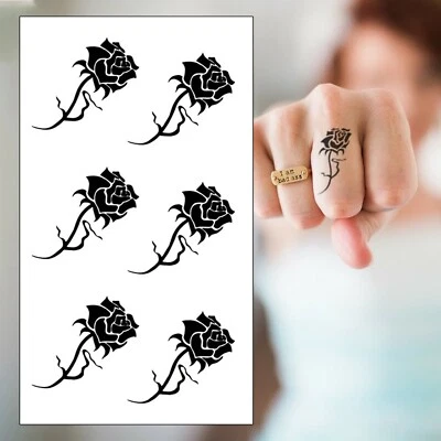 DELUSION TATTOOS Black Gothic Rose Temporary Tattoos - Black Set of 6 Small Flowers Women