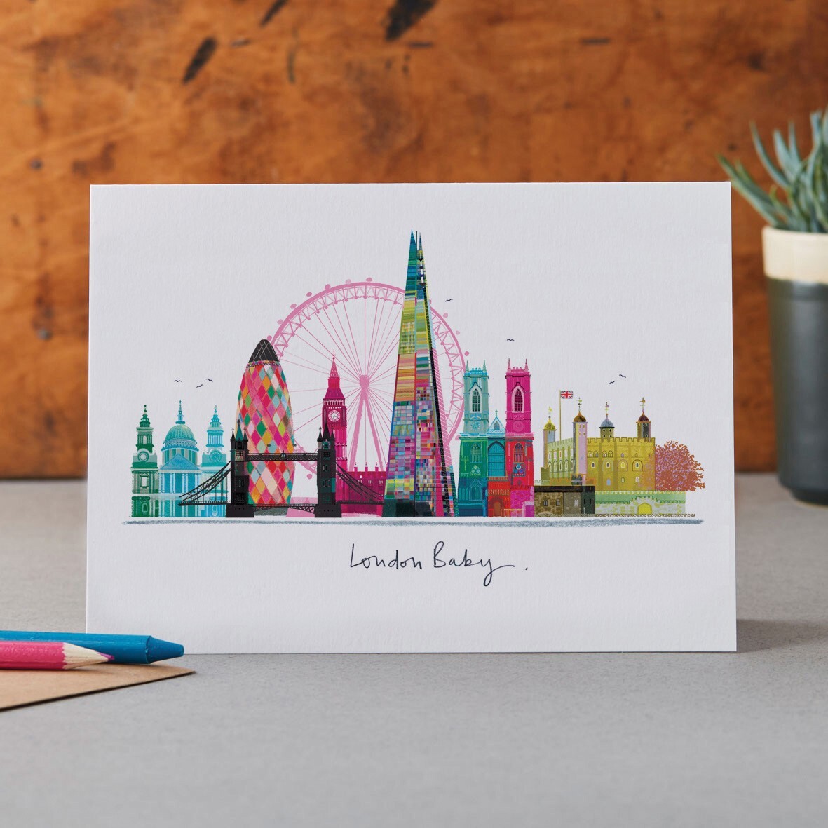 Blank Card Colourful London Baby Skyline - Mixed Media Landmark Artwork