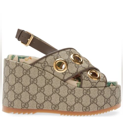 GUCCI Angelina GG Logo Eyelet Platform Wedge Sandal - Picture 3 of 15