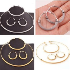 Fashion Silver  Gold 316L Stainless Steel Choker Necklace Bracelet Earrings Set