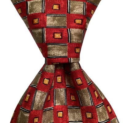 BETTINI Men's 100% Silk Necktie ITALY Designer Geometric Red/Tan/Peach EUC Rare