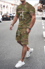 T Shirts Men Cross Graphic Camo Green Short Sleeve Tee & Shorts Pants SET 2 PCS