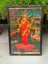 Antique Hindu Devotee Goddess Laxmi Print Poster Framed 14.5 x 10"