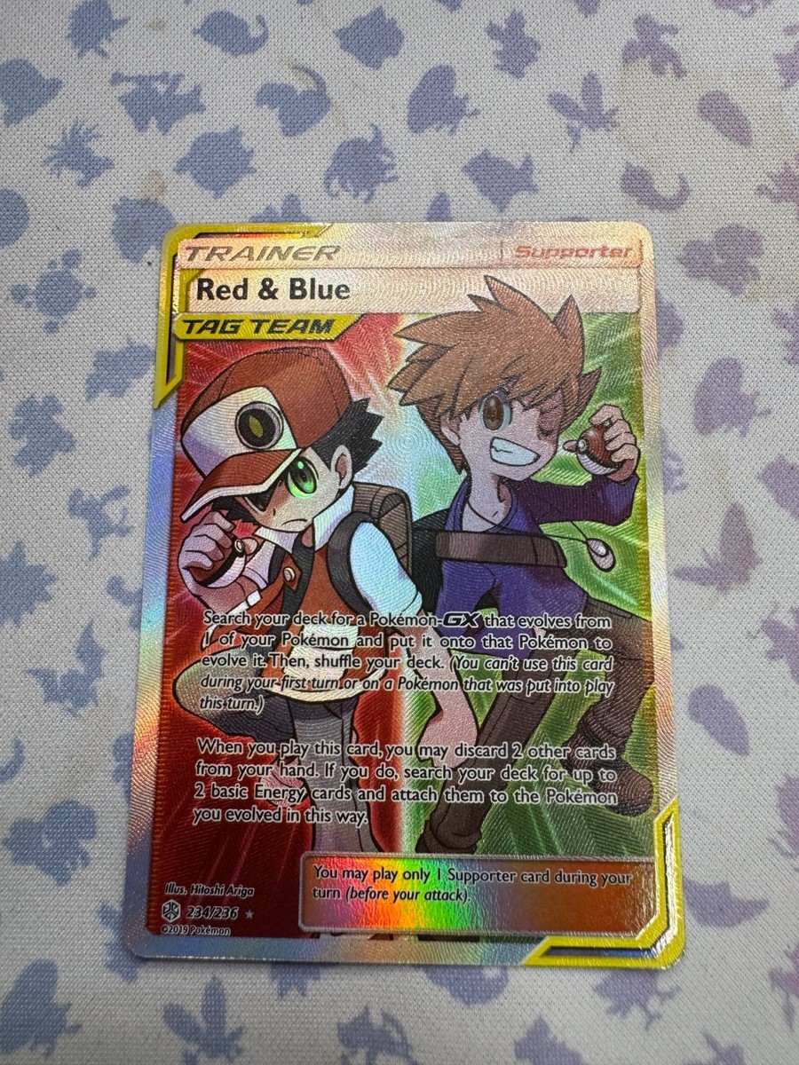 red and blue tag team pokemon card price SM Cosmic Eclipse 202/236 & (Tag Team) (Reverse Holo) (You cant use this card during your first turn or on a Pokmon that was put into play this turn.) When you play this card Red & Blue (Full Art)