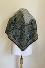 Vintage Paisley Houndstooth Silk Scarf Square Blue Green Large Head Neck A2