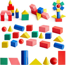 Deekin 70 Pcs Wood Geometric Solid Mini 3D Shapes Wooden Block Bulk for Teaching