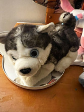 Gray White Husky Puppy Dog Plush Stuffed Animal Blue Eyes Black Accents