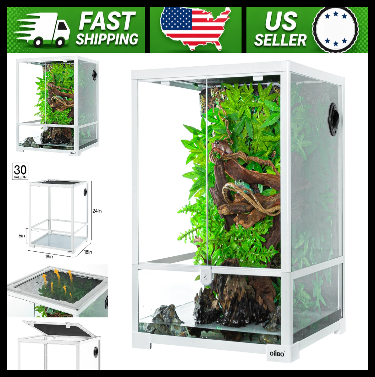 30 Gallon Glass Reptile Terrarium with Double Hinge Door, 18x18x24