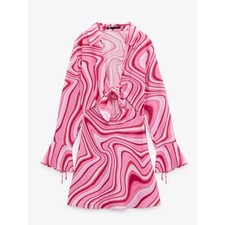 Zara XS Pink Swirly Coutout 70s Flare Sleeve Mini Dress Linen Blend Tie Front