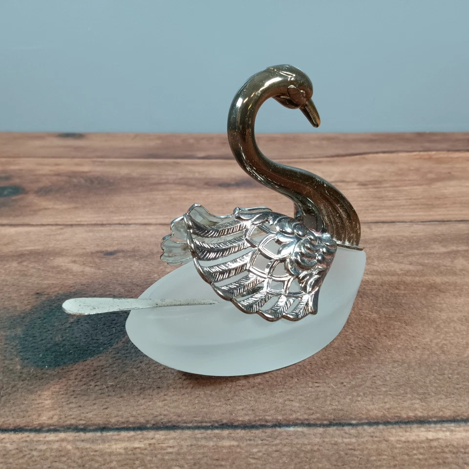 Soporte para plato de caramelo cisne de vidrio esmerilado con cuchara caja de baratija decorativa vintage Foto 3 de 4