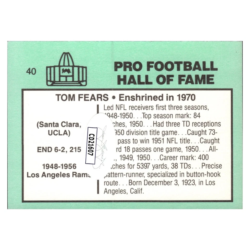 Tom Fears Los Angeles Rams Autographed Signed Football Immortals Card (JSA COA) - Image 2 of 2