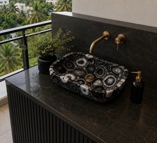 Fregadero ovalado de ágata negra natural | Lavabo de piedra de cristal hecho a mano | Baño de diseño