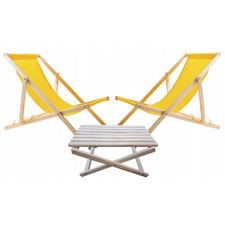 2 chaises longues + table basse ensemble de jardin, jaune, bois, pliable