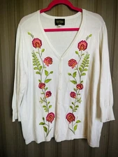 Bob Mackie Art Wear Womens Floral Sweater Cardigan 3/4 Slv Colorful Cottage XL