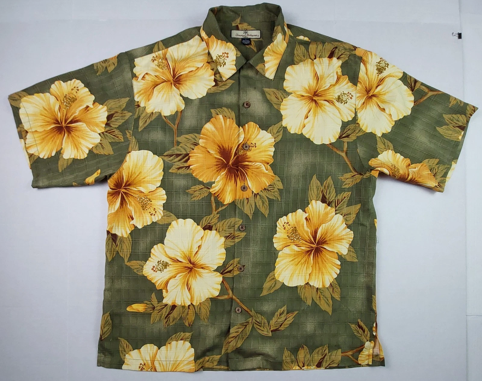 Vintage Tommy Bahama Floral Shirt Mens Large Green 100% Silk Hibiscus Flower