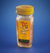 Vintage TOP TIPS Red Silver SUGAR CAKE DECORS Candy Sprinkles Bottle Jar w/Lid