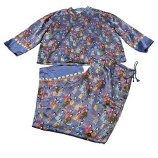 Winter Silks Pajama Set Blue Asian Print 100 Silk Button Top Pull On Pants