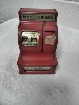 VINTAGE METAL Bank-UNCLE SAM'S  3-COIN Register Bank RED