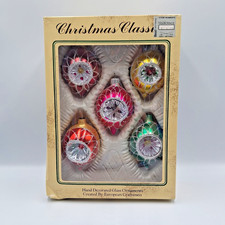 5 Christmas Ornament Glass Teardrop Reflector Hand Painted Vintage New w Box