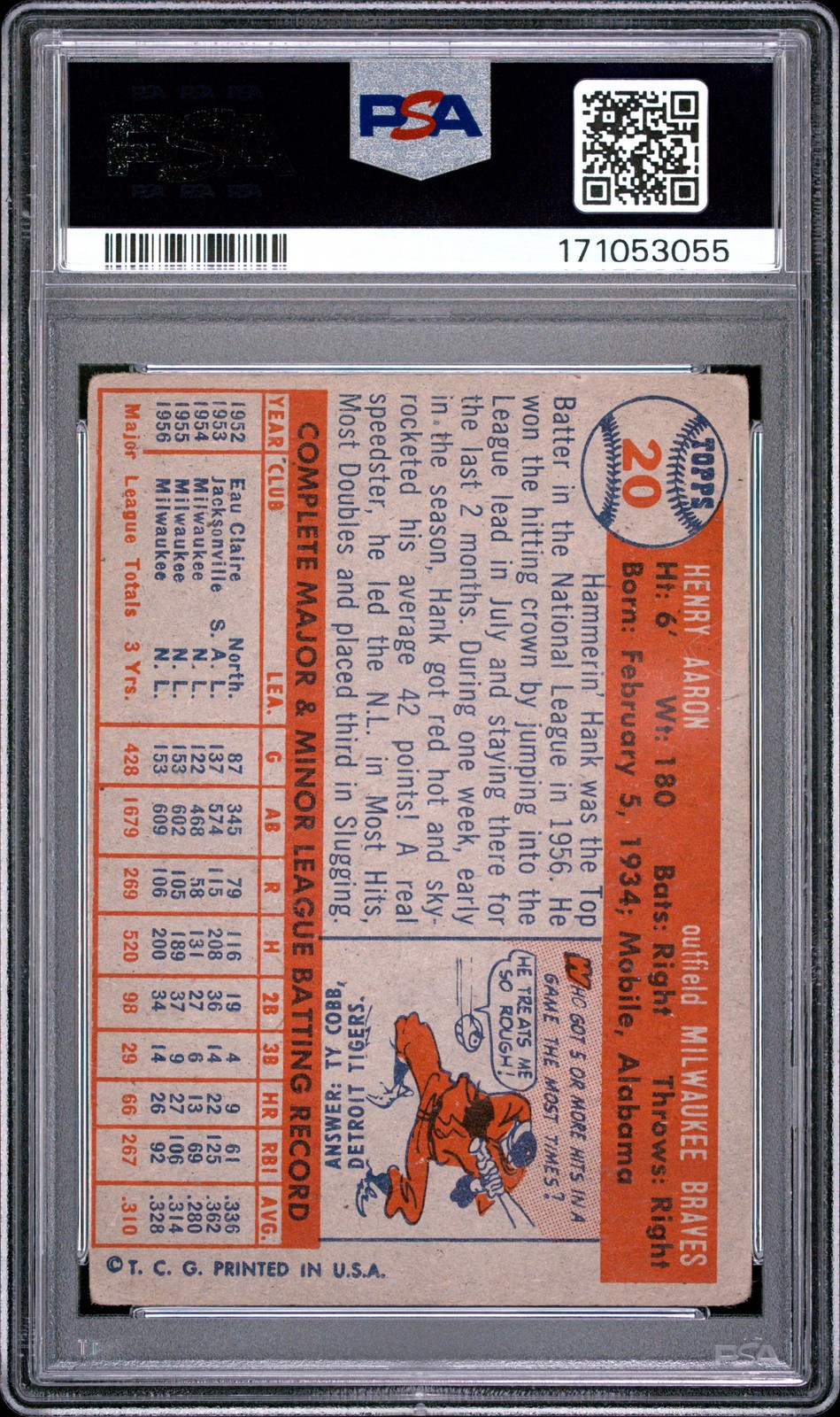 1957 TOPPS #20 HANK AARON PSA 2 view 2
