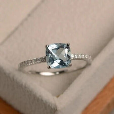 Silver Plated 2Ct Simulated Aquamarine Beautiful Dainty Ring Wife Valentine Gift