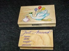 (2) Rubber Stamps for NEW BABY ARRIVAL : Just Arrived! & Delivery Stork - Hero A
