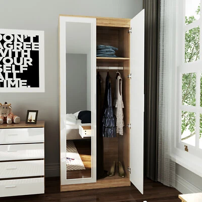 ELEGANT 2 Doors Wardrobe White High Gloss Storage Hanging Rail Furniture with Mirror
