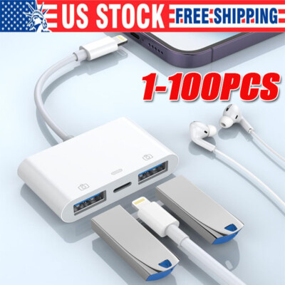 For iPhone to dual USB 3.0 Camera OTG Adapter with Charging Port for iPad lot