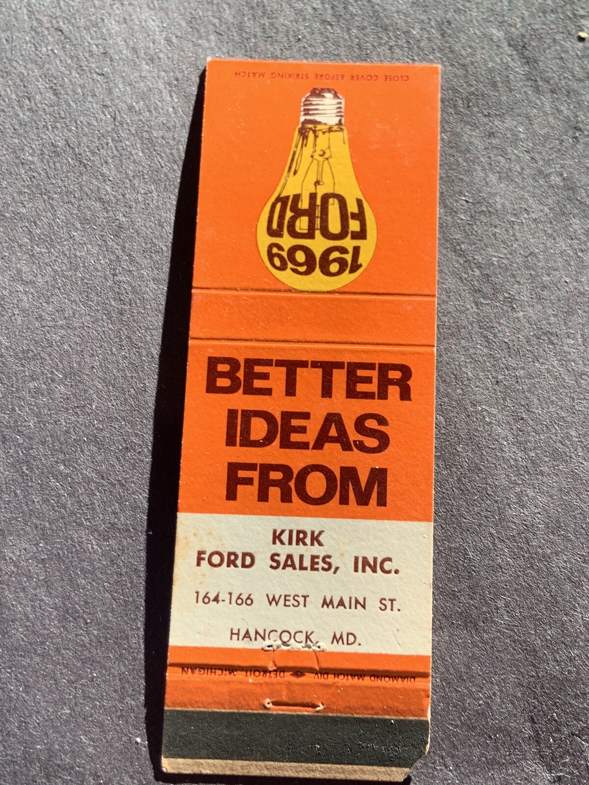 Vintage Maryland Matchbook “1969 FORD Kirk Ford Sales Auto Dealer