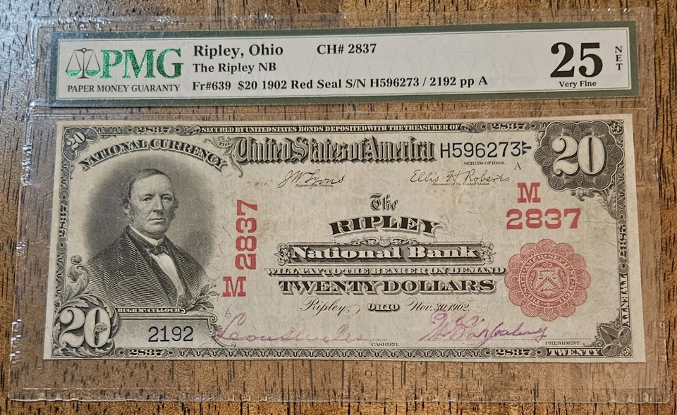 1902 $20 Dollar Red Seal National Bank of Ripley Ohio FR#639 CH#2837 PMG 25 NET - Image 3 of 4