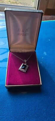 Vtg B & K Mfg Co Marcasite onyx pendant necklace