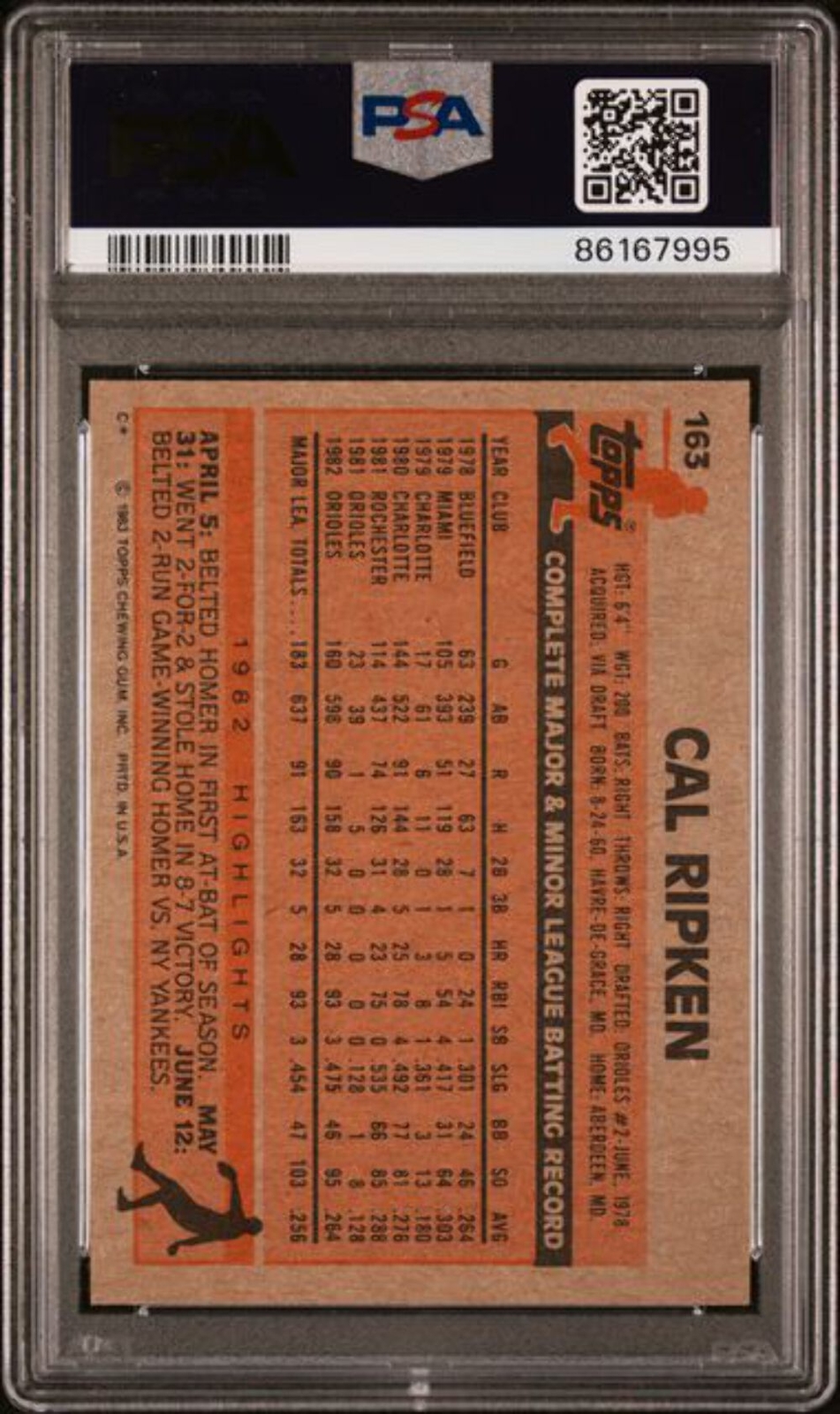 Graded 1983 Topps Cal Ripken Jr. #163 2nd Year Baseball Card PSA 9 Mint ...