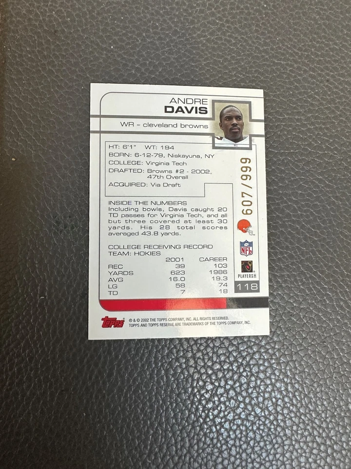 2002 Topps Reserve #118 Andre Davis Rookie - Browns - 607/999 - Image 2 of 2