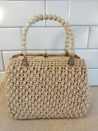 Beaded Raffia Straw Woven Handbag/Purse w/Beaded Handles ~ Vintage 1960s