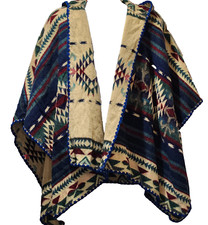 100 Wool Ecuador Poncho Southwestern Aztec Hooded Single Button Wrap One Size