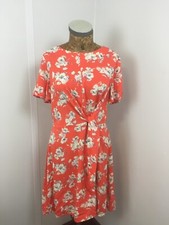 OASIS DRESS CORAL RED SKATER Fit Belt Waist Midi Short 12 Womens Floral Summer