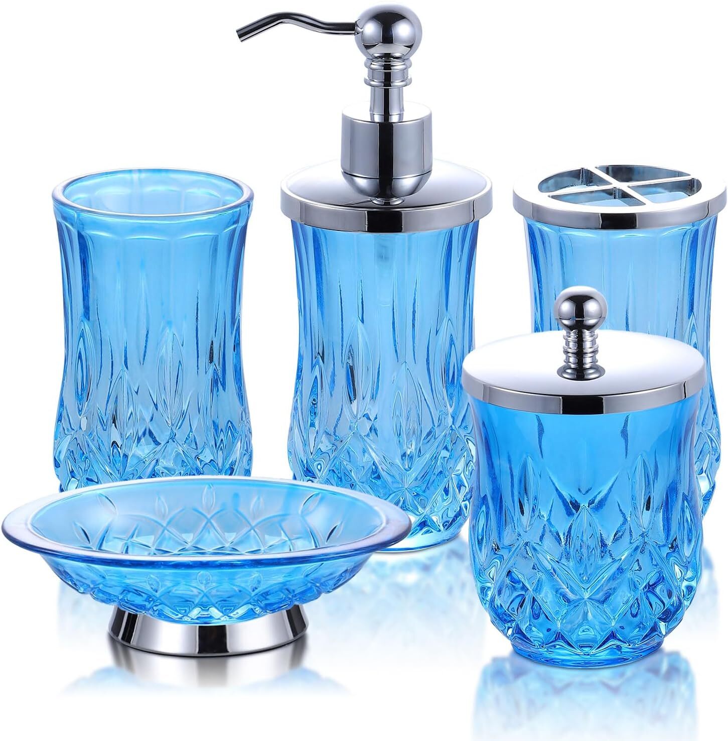 Glass Bathroom Accessories Set - Complete 5 Pc Accessory Pink