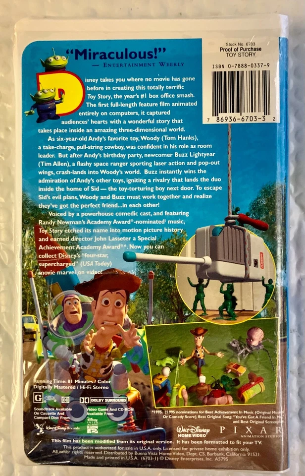 Toy Story (VHS,1996) Walt Disney Pixar Collectible NEW FACTORY SEALED #6703 - Image 2 of 4