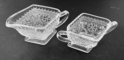 Indiana Glass Clear Sandwich Pattern Diamond Shape Footed Sugar Bowl & Creamer