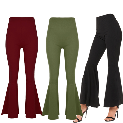 Womens Bell Bottom Flared Frill Hem 