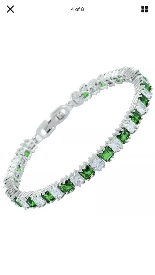 Brazalete Tenis Latón Verde Emrald Circonita cúbica Corte Cuadrado Chapado en Oro Blanco 18k Foto 2 de 4