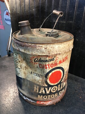 Vintage 1950's Havoline 5 Gallon Metal Motor Oil Can w/ Wood