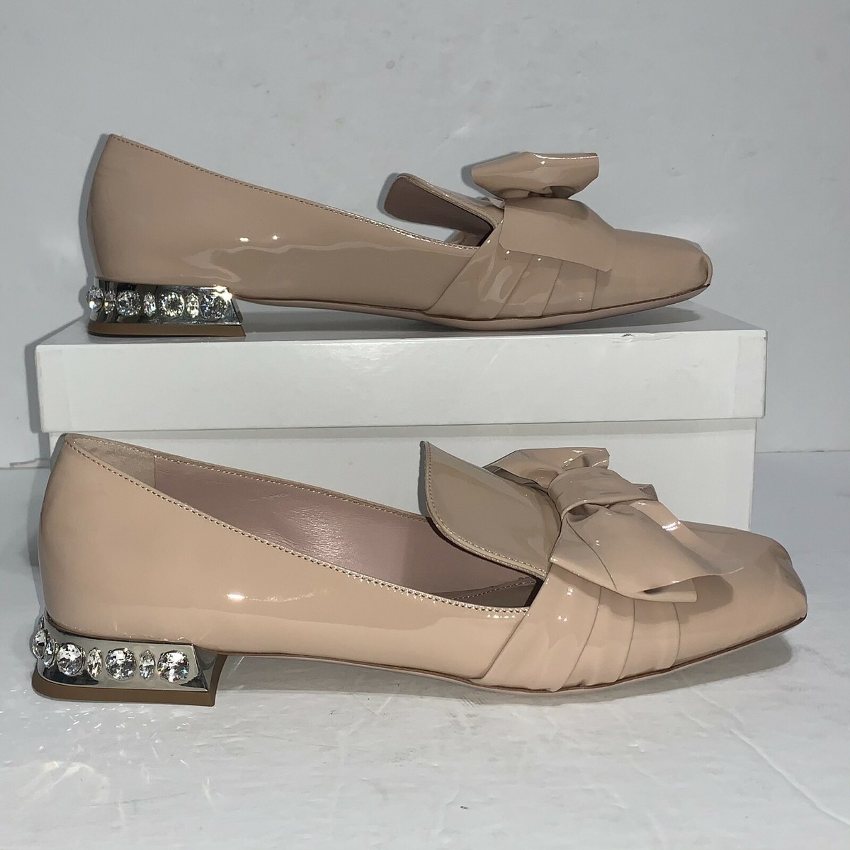 Miu Miu Nude Patent Leather Bow Embellished Heel Loafers